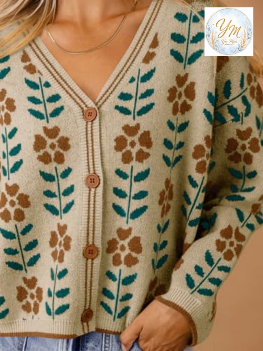 Floral Print V Neck Cardigan Open Front Button Down Knit Sweater Long Sleeve - Picture 4 of 7